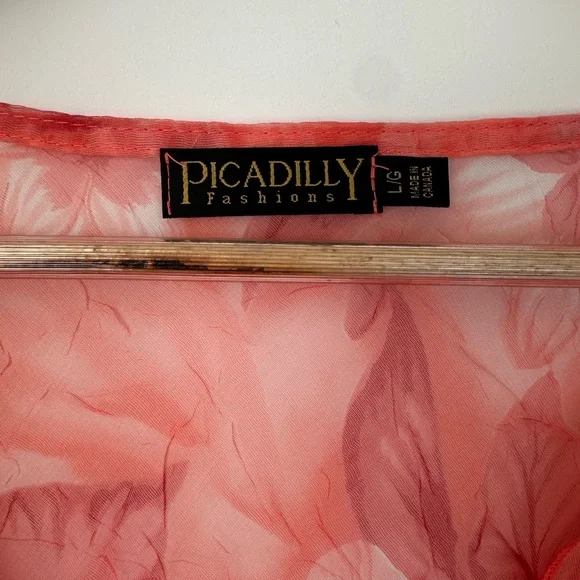 Vintage Picadilly Orange and Pink Floral Asymmetrical Sheer Blouse 3/4 Sleeves - Picture 6 of 15